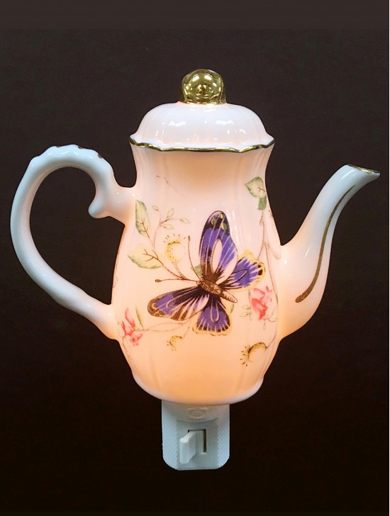 Porcelain Butterfly on Teapot Night Light with Gift Box
